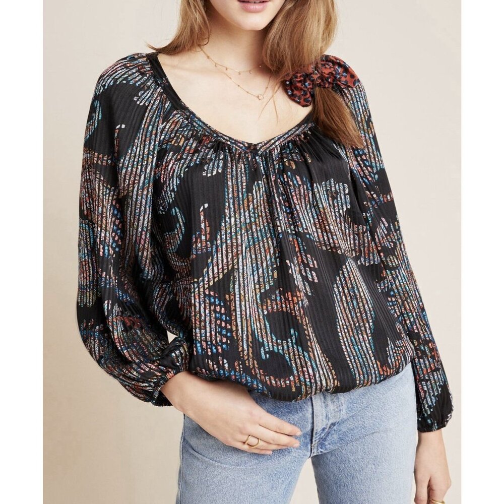 Anthropologie Maeve Madeira Black Burnout Blouse XS Size Satin Top Paisley